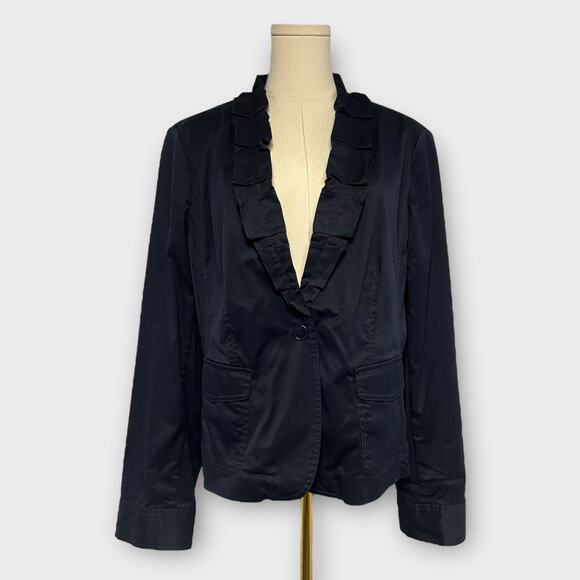 Talbots Navy Single Button Stretch Cotton Ruffle Front Blazer Jacket Size 16 NEW - Picture 1 of 6
